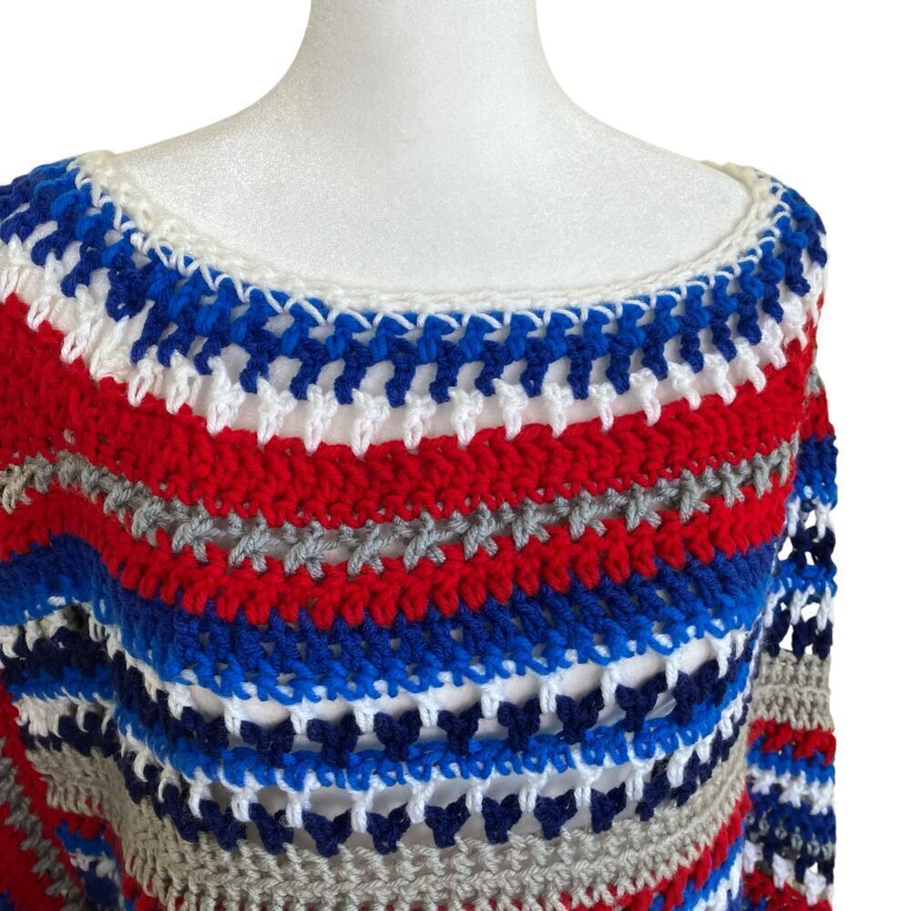 Handmade Boho Chunky Open Knit Crochet Poncho Patriotic Colors Textured OS - Picture 6 of 16